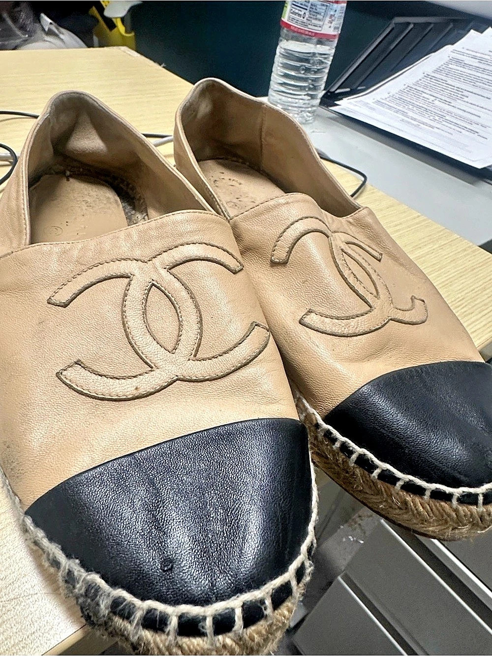 Chanel CC Cap Toe Espadrilles Lambskin Beige Black in Beige & Black